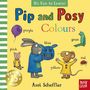 "Pip and Posy Colours" zeigt bunte Tiere und Objekte vor gelbem Hintergrund. Ein Hase, eine Maus und Farben werden dargestellt.
