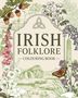 "IRISH FOLKLORE COLOURING BOOK" steht groß. Illustration mit Blumen, Eicheln, einem Schmetterling und einer Ruine im Hintergrund.