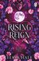 "Rising Reign", darunter "Wolves of Crescent Creek". Illustration mit Vollmond, Wolfskopf, Rosen und violetten Blättern., Buch