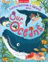Illustration mit Text: "Curious Questions & Answers about Our Oceans." Kind schnorchelt neben Meerestieren, u.a. Wal und Fische.