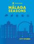 "MÁLAGA SEASONS", "CITY STORIES", "ROUGH GUIDES". Silhouetten von Gebäuden und einem Riesenrad auf blauem Hintergrund.