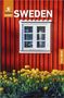 "SWEDEN, Free eBook, Rough Guides." Rotes Holzhaus, Fenster, gelbe Tulpenblumen davor, klare, sonnige Atmosphäre., Buch