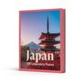 Text: "Japan 100 Legendary Places". 
Ein Foto zeigt eine Pagode vor dem Fuji bei Sonnenuntergang., Buch