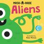 "Mask-A-Rade Aliens" oben in Schwarz und Pink. Illustration eines grünen Aliens mit mehreren Augen und Armen.