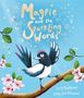 „Magpie and the Sparkling Words“. Illustration: Elster auf einem Ast, umgeben von Blättern und rosa Blüten.