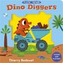 "Dino Diggers", "Thierry Bedouet"; Fröhlicher Dino auf Bagger, bunte Pflanzen, Libelle, kindliche Illustration., Buch