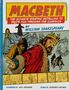 "MACBETH: The Ultimate Graphic Retelling" oben, gezeichnete Figuren darunter, eine mit Krone, dramatische Illustration., Buch