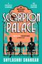 Text: "A Pricele$$ Diamond, An Impossible Murder, An Escaped Panther, SCORPION PALACE, 'Immersive' Vaseem Khan, Shylashri Shankar." Illustration von zwei Männern mit Teetassen auf einem Balkon., Buch