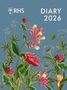 "RHS DIARY 2026" in Großbuchstaben, darunter bunte Blumenillustrationen auf blauem Hintergrund.