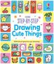 „STEP-BY-STEP Drawing Cute Things“ umgeben von illustrierten, lächelnden Objekten wie Essen, Tieren und Pflanzen., Buch