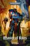 "Master of Rites", "A Ferren Areios Novel", "Rob Young". Ein Krieger in blauer Rüstung, umgeben von Bannern und Schädeln., Buch