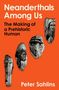 Text: "Neanderthals Among Us: The Making of a Prehistoric Human" von Peter Sahlins. Illustrationen von Gesichtern auf orangenem Hintergrund., Buch