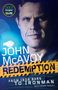 Text: "John McAvoy Redemption: From Iron Bars to Ironman with Mark Turley." Ein ernst blickender Mann und dynamische Grafik., Buch