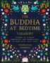 "The Buddha at Bedtime Treasury" ist in goldener Schrift auf einem Hintergrund mit bunten Blumen und Vögeln verziert.