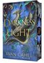"Of Darkness and Light" von Ryan Cahill. Ein episches Fantasy-Cover mit einem majestätischen, fliegenden Drachen., Buch
