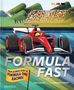 "FORMULA FAST" - Illustration eines roten Formel-1-Autos auf der Rennstrecke, im Hintergrund eine jubelnde Menge.