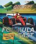“FORMULA FAST” – Ein rotes Formel-1-Auto fährt schnell. Eine Tribüne mit Zuschauern, Bäume und Flaggen im Hintergrund., Buch