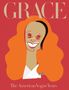 „GRACE“ oben, „The American Vogue Years“ unten. Illustration eines stilisierten Gesichts mit rotem Haar und breitem Lächeln.