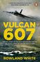 Zitat von Jeremy Clarkson, großer gelber Titel "VULCAN 607". Flugzeug fliegt über stürmisches Meer., Buch