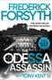 „FREDERICK FORSYTH“, „THE ODESSA ASSASSIN“. Schwarz-weißes Gebäude mit Flagge, Scheinwerfer im Vordergrund., Buch