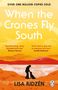 Der Text zeigt den Titel "When The Cranes Fly South" von Lisa Ridzén. Eine Silhouette zeigt eine Person mit Hund vor einem See bei Sonnenuntergang., Buch