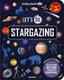 „LET'S GO STARGAZING“ in der Mitte. Darum Planeten, Sterne, Teleskop, Sternbilder auf dunklem Hintergrund.
