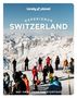 Text: Experience Switzerland. Get away from the everyday. Illustration von Skifahrern vor schneebedeckten Alpen.