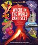 "Where in the World Can I See?", bunte Illustration mit Tieren, Vulkan, Rakete, Moai, Hochgeschwindigkeitszug, Pyramide.