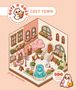 „Cute 'n' Cozy Sticker Therapy“, „Cozy Town“, „Over 500 Reusable Stickers“. Illustration eines gemütlichen Stadtplatzes., Buch