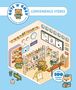 "CUTE 'N' COZY, CONVENIENCE STORES, OVER 200 REUSABLE STICKERS." Illustration eines Ladens mit Tieren., Buch