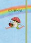 Text: "JOURNAL". Illustration: Ein Frosch mit Fliegenpilzhut und Korb voller Blumen unter einem Regenbogen auf blauem Hintergrund.