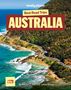 "Best Road Trips AUSTRALIA. 63 EASY ESCAPES ON THE OPEN ROAD." Küstenstraße, Meer und bewaldete Hügel, kleine Koala-Illustration., Buch