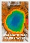 "USA NATIONAL PARKS WEST" und "INSIGHT GUIDES" auf einem farbenfrohen Luftbild einer geothermalen Quelle in Orange und Blau.