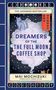 Text in der Mitte: "Dreamers of the The Full Moon Coffee Shop". Illustration: Katzen, Sterne, Mondphasen.