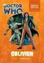 „Doctor Who“, „Eighth Doctor“, „Oblivion“. Illustration mit einem Mann und einer grünen Kreatur vor einer Tür. Orange Hintergrund.