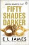 „Fifty Shades Darker“ von E L James, „Cover to be revealed“. Unten ein Logo mit einem „e“ und „Penguin Random House“.