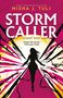 „STORM CALLER“ oben, Silhouette einer Person vor gelbem Hintergrund und dynamischen, pink-schwarzen Linien.