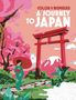 "Color by Numbers: A Journey to Japan." Illustration: Frau mit Kimono unter Kirschbaum, Torii-Tor, Berg im Hintergrund.