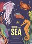 "Wisdom of the Sea: Life Lessons from the Ocean". Illustrationen von Meereslebewesen auf dunkelblauem Hintergrund., Buch