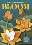 Text: "STICKER BY NUMBERS BLOOM. Relax and unwind with 20 mindful paper-art sticker projects." Illustration von Blumen., Buch