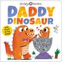 "DADDY DINOSAUR" in bunter Schrift. Ein großer Dino mit Fliege und Junges in Glitzerei, umgeben von Pflanzen und Insekten.