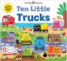 "Ten Little Trucks" in blau, bunte Cartoons von fröhlichen Fahrzeugen auf einer Straße und im Strandhintergrund.