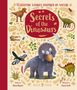 Illustration eines Dinosaurier-Buchcovers mit dem Titel „Secrets of the Dinosaurs”. Viele bunte Dinosaurier und Pflanzen sichtbar., Buch