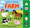 "Squish & Squeak FARM" in bunten Buchstaben. Illustrationen von Tieren auf einer grünen Wiese: Schaf, Pferd, Huhn, Kuh, Schwein.
