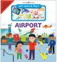 "WITH OVER 10 PUZZLE PIECES", "Let’s Learn & Play!", "AIRPORT". Illustration eines Flughafens mit Menschen und Flugzeugen.