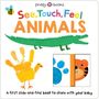 „See, Touch, Feel Animals“. Ein Alligator, ein Handabdruck-Vogel und ein Tiger sind abgebildet.