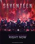 „SEVENTEEN“, „RIGHT HERE RIGHT NOW“. Viele Männer tanzen vor einem feurigen, roten Hintergrund., Buch