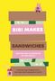 "Bibi Makes Sandwiches. Written and illustrated by Gaia Stella. Join Bibi and friends for a cut-and-paste sandwich party!"  
Illustration: Sandwichstapel, oben ein rosa Hase, unten ein Getränk mit Strohhalm. Hintergrund gelb., Buch