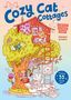 "Cozy Cat Cottages" in blauer Schrift. Illustration eines Baumhauses mit Katzen, farbenfroh und verspielt gestaltet., Buch