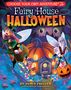 „Fairy House Halloween“ in großen Buchstaben. Zwei Feen sammeln Süßigkeiten vor einem Kürbishaus., Buch